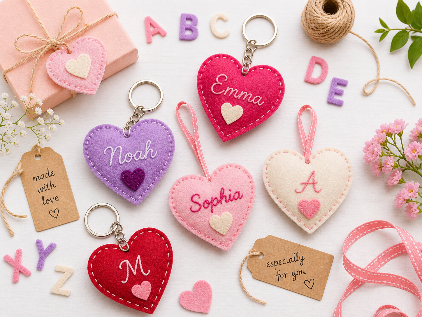Felt gifts with names, initials, and custom color combinations